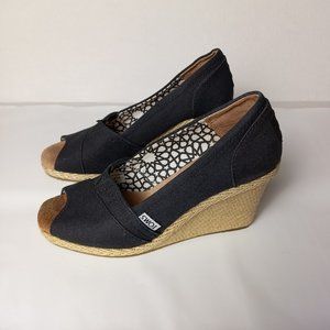 Toms Black Stella Canvas Peep Toe Canvas Wedge Slip On Women's Size W6